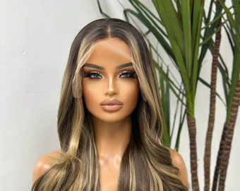 JEAN-Long Layered  Rooted Rich Brown  Blonde Mix| Transparent Lace Frontal Wig | Heat Safe Synthetic Wig | Pre Plucked Realistic Hairline