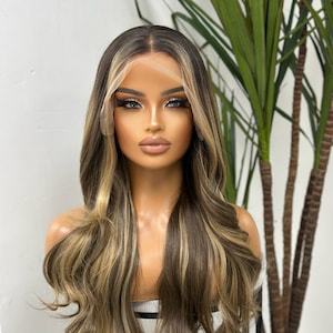 JEAN-Long Layered  Rooted Rich Brown  Blonde Mix| Transparent Lace Frontal Wig | Heat Safe Synthetic Wig | Pre Plucked Realistic Hairline