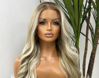 DULCE-  Ash  Brown Rooted|Light & Platinum  Blonde Mix| Long Wavy| 13 by 4 Lace Frontal Wig| Heat Safe Synthetic Hair |Realistic Lace Front