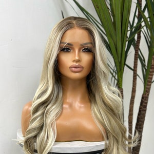 DULCE Ash Brown RootedLight & Platinum Blonde Mix Long Wavy 13 by 4 Lace Frontal Wig Heat Safe Synthetic Hair Realistic Lace Front image 1
