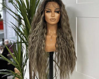 Ash Mocha Melt Lång Lösvågig 13x6 Syntetisk Lace Frontal Peruk - Chyna