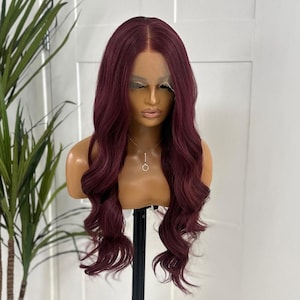 Dark  Red  -Long Straight/Wavy   | Premium Synthetic Heat Safe | 13 by 6  Lace Frontal Wig | Realistic Hair Line| Fast Shipping