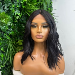 Natural Black 14 Wavy bob Lace Front Wig Heat Safe Synthetic fibre Light Weight Wig S-M Size Everyday Wig Short Wavy Wig image 1