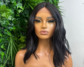 Natural  Black 14” Wavy bob | Lace Front Wig | Heat Safe Synthetic fibre  | Light Weight Wig | S-M Size | Everyday Wig | Short Wavy Wig