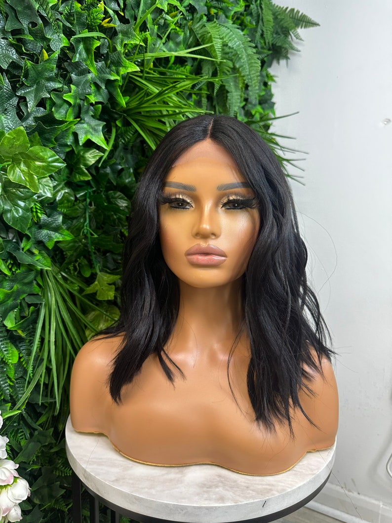 Natural Black 14 Wavy bob Lace Front Wig Heat Safe Synthetic fibre Light Weight Wig S-M Size Everyday Wig Short Wavy Wig image 1