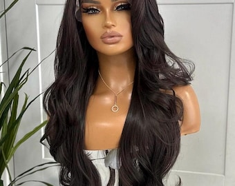 Peluca sintética larga y hermosa con capas frontales de encaje - Marrón chocolate - Cabello de bebé realista, correas ajustables, fibra resistente al calor de alta calidad.