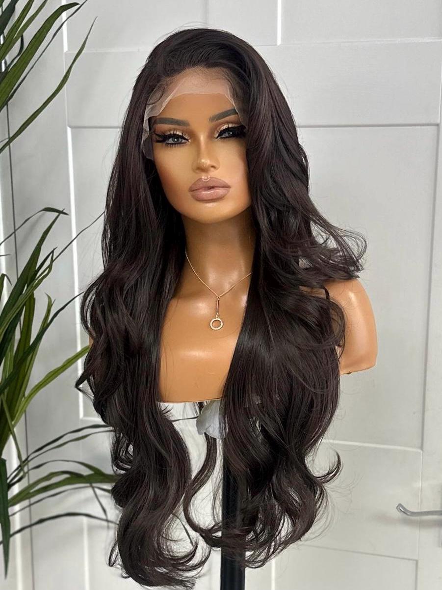 Long Beautiful Layered Synthetic Lace Front Wig - Chocolate Brown  - Realistic Baby Hair, Adjustable Straps, Heat Safe | Quality Fibre