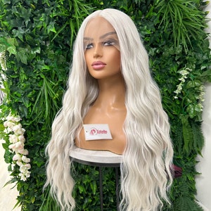 Sia-Luxury Fibre Ash Blonde /White / Long Wavy Centre Part Premium Heat Safe Synthetic Fibre Soft Swiss Lace Wig image 1