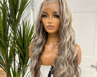 LITZY -Long Beach Wave | Light Blonde with Warm Brown highlights |Premium Synthetic Heat Safe | Transparent Lace Frontal Wig| Medium Cap