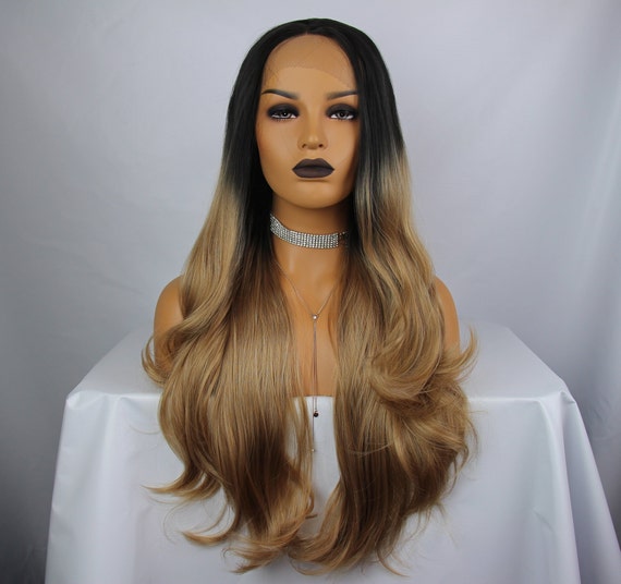 Ombre Black Caramel Blonde Long Layered Wavy Middle Part Etsy