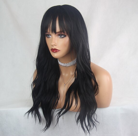Black Long Wavy Light Fringe Bangs Premium Synthetic Heat Etsy