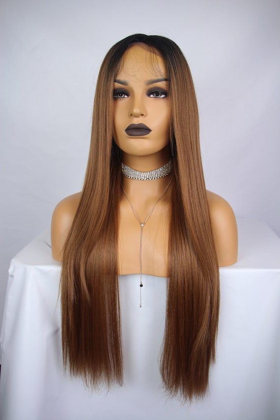 Natural Black Rooted Dark Auburn 30 Long Y Straight Layered Centre Part Premium Synthetic Lace Wig 6 Deep Part