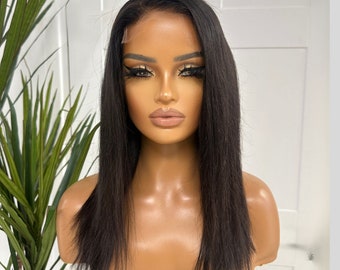 LORNA-Natural Black 12'' Bob Human Hair HD Lace Closure Wig | Right Parting | Pre-Bleached | Pre Plucked | 180% Density | Ready to Ship