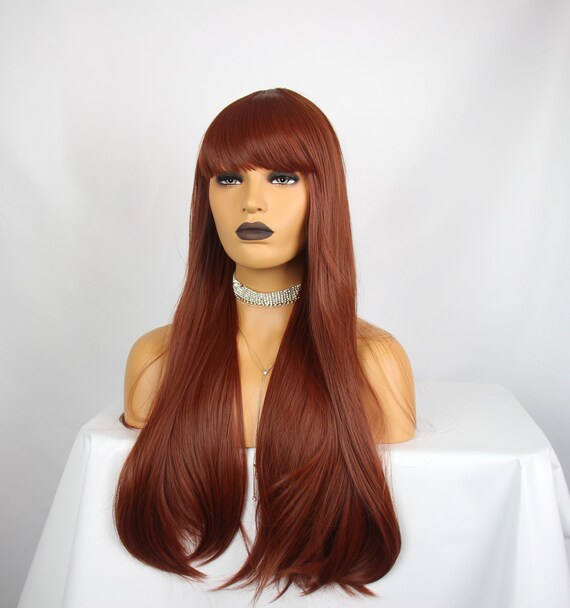 18 Inches Long Straight Fringe Bangs Copper Red Full Wig Etsy