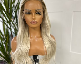 Layla 20 ‘’ Ling Straight Rooted Light Champagne Blonde | Luxury Human Hair 13 by 6 HD Lace Frontal Wig - Ready To Ship - Medium Fit