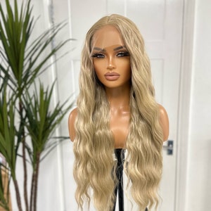 Sia-Luxury Fibre Champagne / Light Golden Blonde Blonde  Long Wavy Centre Part Premium Heat Safe Synthetic Fibre|  Soft  Swiss Lace Wig