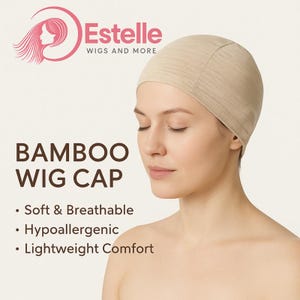 May include: A beige bamboo wig cap is featured in this image. The cap is worn by a person with their eyes closed. The text on the image reads "BAMBOO WIG CAP" and lists features such as "Soft & Breathable" and "Hypoallergenic."