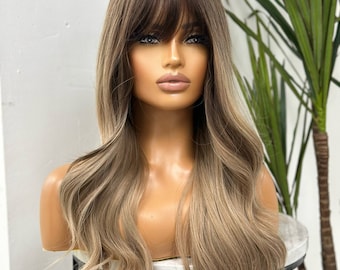 Stylish Chocolate Brown  Bronde Ombre |  long Layered Synthetic Full Wig | Realistic Skin Parting