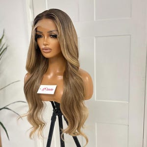 Long Layered  Wavy Rooted Golden/Caramel Blonde Balayage |Premium Heat Resistant  Synthetic Lace Frontal Wig | Ready to Ship