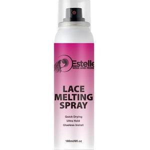 May include: White spray bottle with a pink label that says "Estelle Wigs and More Lace Melting Spray Quick Drying Ultra Hold Glueless Install 180ml/6fl.oz"