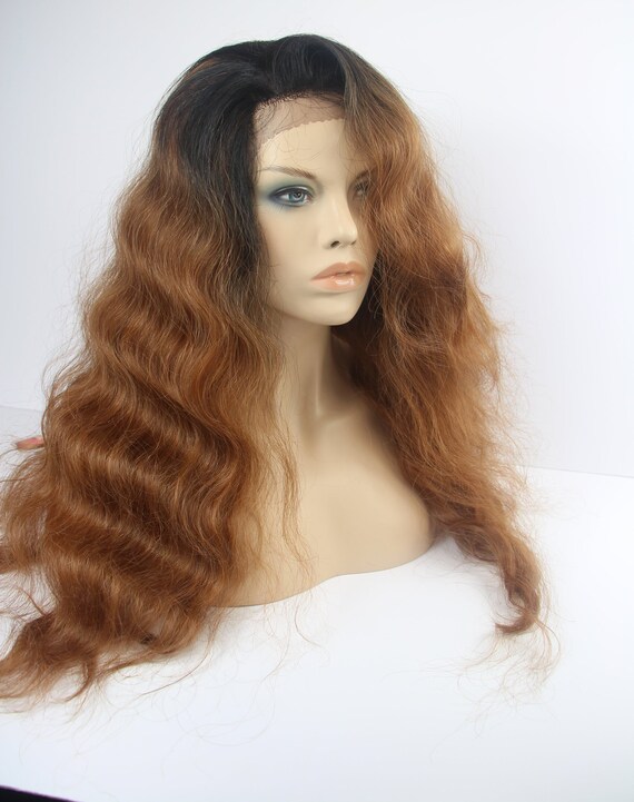 2 Tone Dark Roots Light Golden Brown Strawberry Blonde Premium Synthetic Heat Safe Long Wavy Lace Front Wig
