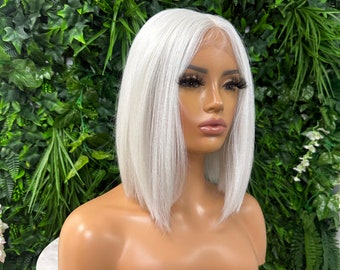 INES-Silver White  / Straight Short Bob   | T Lace Frontal Wig | Premium  Heat Safe  Fibre | 150% Density