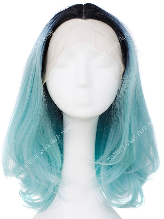 Dark Roots Sea Blue Ombre Shoulder Length Angled Layered Bob With 4 5 Inches Middle Part Lace Front Wig