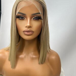 ICE Straight Chic Bob Beige Blonde Transparent Lace Frontal Wig Middle Part Realistic Hairline Heat Safe Synthetic Fibre image 3