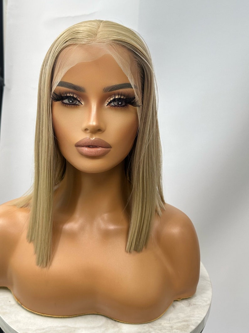 ICE Straight Chic Bob Beige Blonde Transparent Lace Frontal Wig Middle Part Realistic Hairline Heat Safe Synthetic Fibre image 3