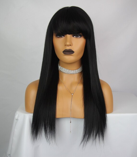 18 Inches Natural Black Black Straight Full Fringe Long Etsy