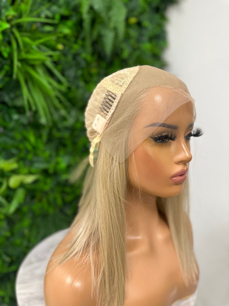 ICE Straight Chic Bob Beige Blonde Transparent Lace Frontal Wig Middle Part Realistic Hairline Heat Safe Synthetic Fibre image 5