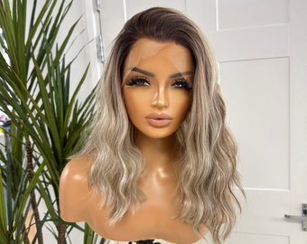 PARIS - Short Wavy Bob  Platinum Blonde Lowlights| Lace Frontal Free Part Wig |Realistic Women's Wig  |Heat Safe Synthetic Fibre