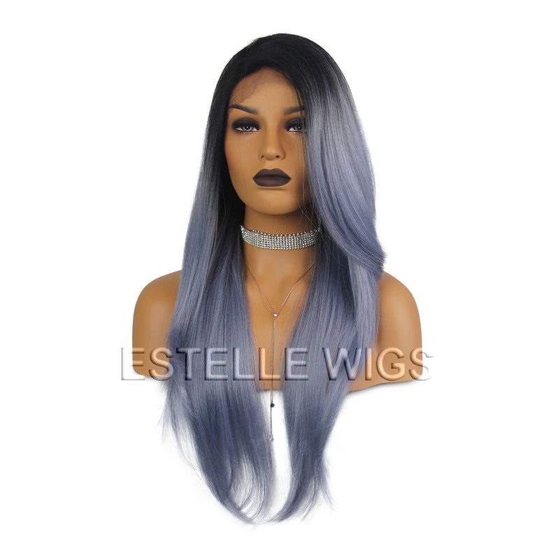 Long Straight Layered Side Part Rooted Blue Grey Mix Deep Etsy