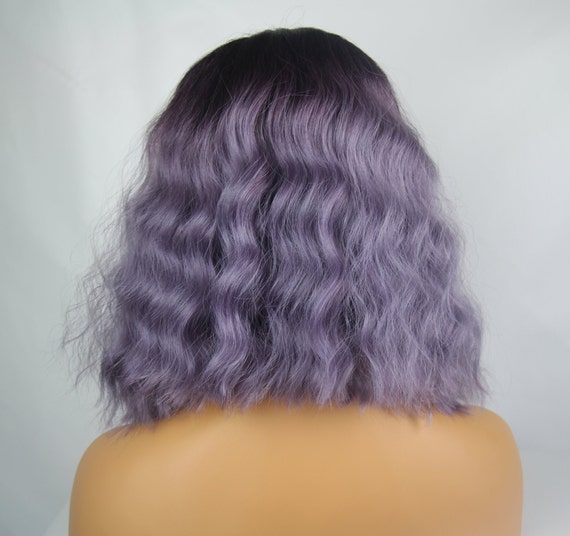 Black Dark Purple Lavender Ombre Wavy Deep Centre Part Medium Length Premium Synthetic Fiber Wig