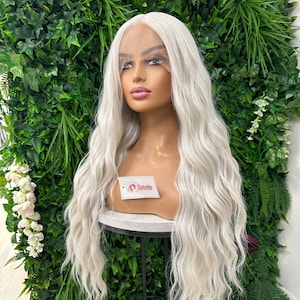 Sia-Luxury Fibre Ash Blonde /White / Long Wavy Centre Part Premium Heat Safe Synthetic Fibre Soft Swiss Lace Wig image 7