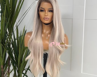 Duchess -Light Ash Brown Rooted Milky Blonde Straight Synthetic Lace Front Wig