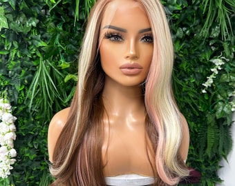 Misty: Long Layered Straight Copper Brown Blonde/Pink Mix Face Framing Highlight  |Skunk Strip Synthetic Lace Front Wig