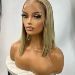 ICE Straight Chic Bob Beige Blonde Transparent Lace Frontal Wig Middle Part Realistic Hairline Heat Safe Synthetic Fibre image 2