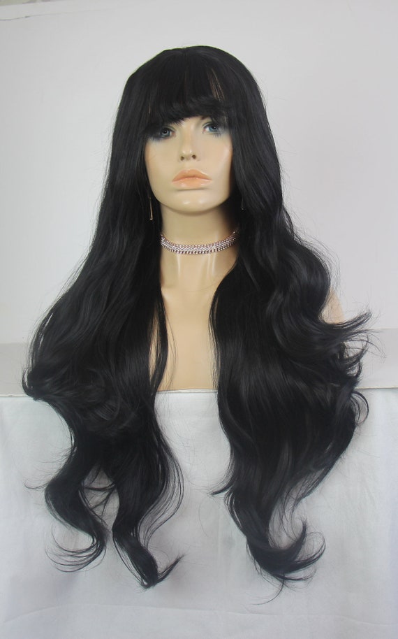 Jet Black Long Layered Wavy Fringe Synthetic Fibre Heat Etsy