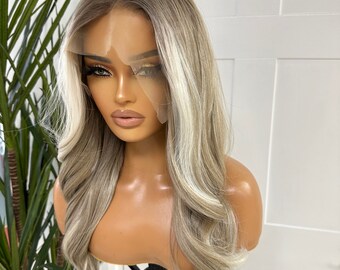 JEAN: Premium  Synthetic  Hair| Straight  Ash Brown Rooted / Golden Brown/ Platinum Blonde ombre| 13* 4 Lace Frontal Wavy   Wig