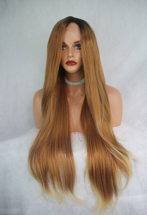 3 Tone Rooted Strawberry Blonde Golden Brown With Light Blonde Tips 24 Inches Long Layered Length Soft Swiss Lace Front Synthetic Wig