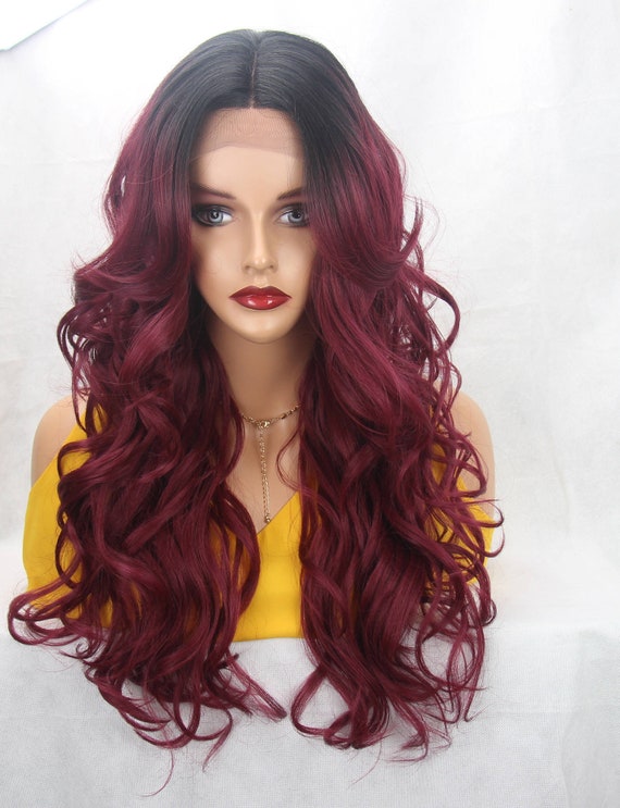 Dark Root Ombre Burgundy Deep Red Long Layered Wavy Curly 4 4 Soft Silk Swiss Lace Closure Multiple Parting Option Lace Front Synthetic Wig