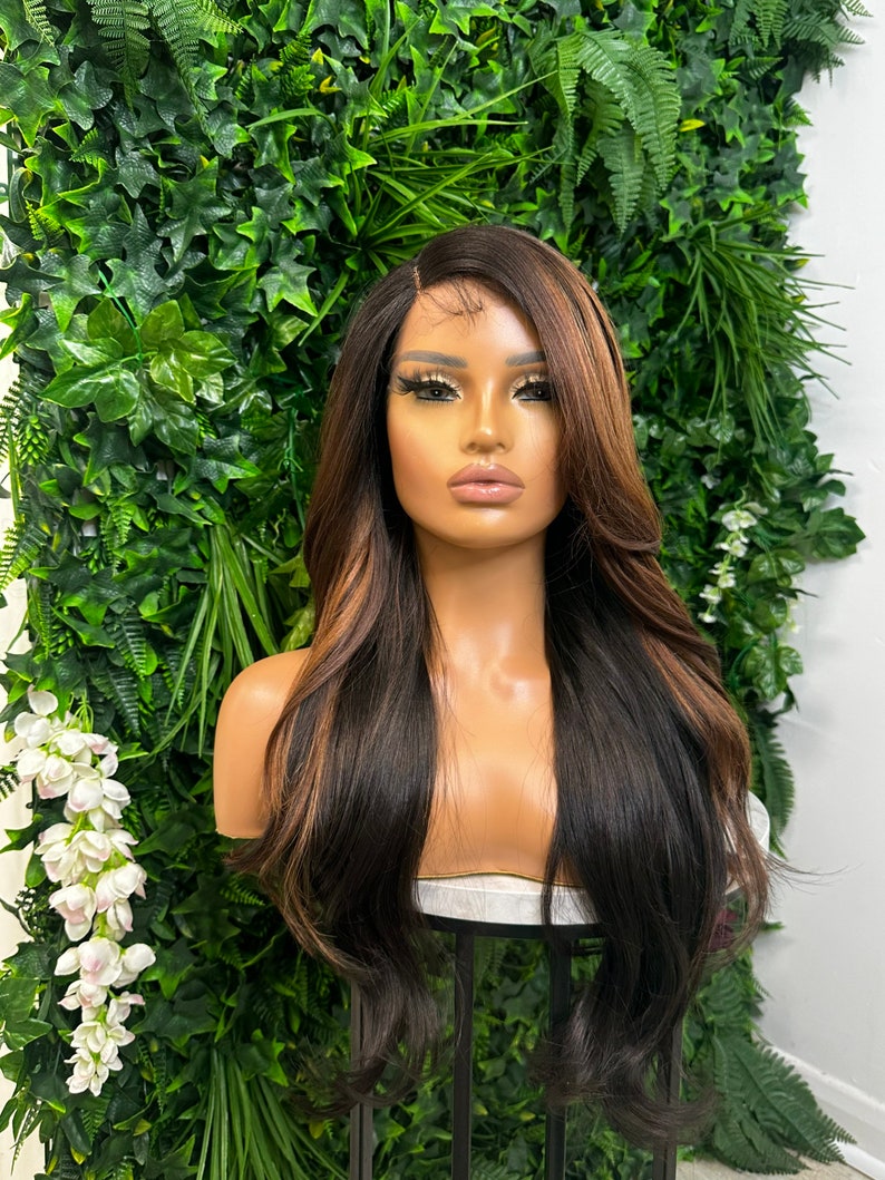 Long Straight Layered Rooted Auburn MultiTonal / Chocolate Brown BrunetteSide Part Lace Front Wig Premium Heat Safe Synthetic Fibre image 3