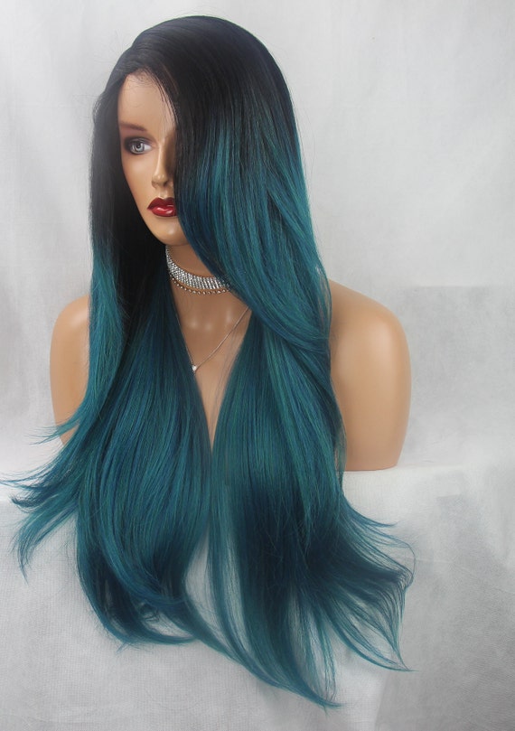 Long Straight Layered Dark Root Teal Green Mix 4 Deep Etsy