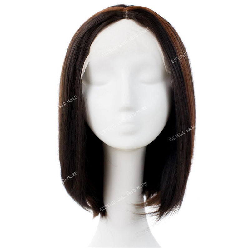 Mid Dark Brown And Light Auburn Highlights Medium Length Straight Bob Lace Front Wig Premium Synthetic Fibre Victoria Beckham Style
