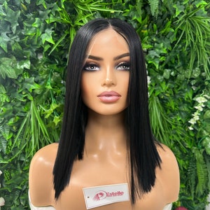 ICE Straight Chic Bob Black Transparent Lace Frontal Wig Middle Part Realistic Hairline Heat Safe Synthetic Fibre image 1