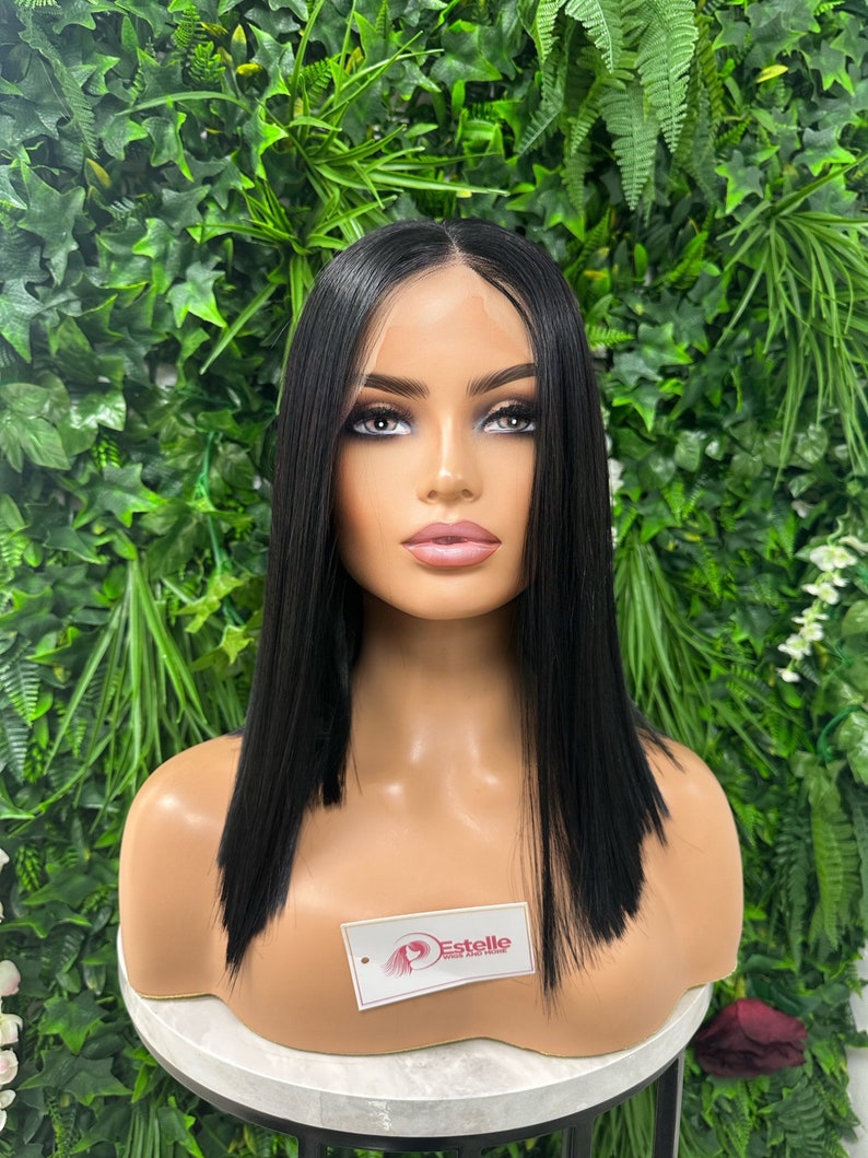 ICE Straight Chic Bob Black Transparent Lace Frontal Wig Middle Part Realistic Hairline Heat Safe Synthetic Fibre image 1