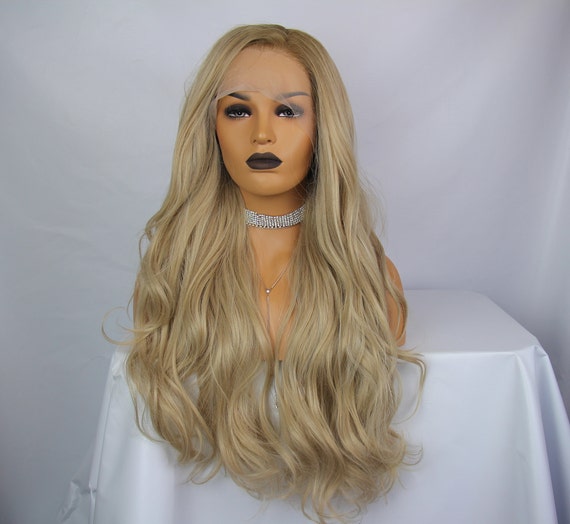 Rooted Champagne Blonde Long Layered Wavy Middle Part Etsy