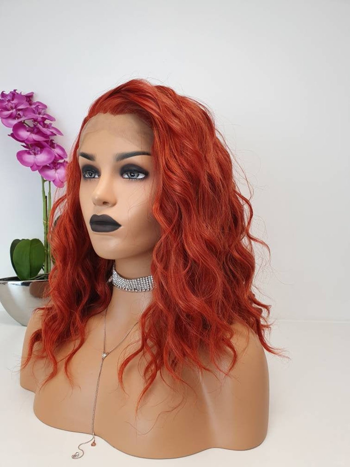 Deep Copper Mid Length Wavy LAce Front wig Heat Safe Fibre Etsy