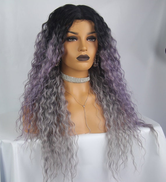Multi Tonal Black Roots Purple Grey Ombre Long Length Wavy 6 Inches Deep Centre Lace Front Synthetic Heat Safe Fiber Lace Front Wig